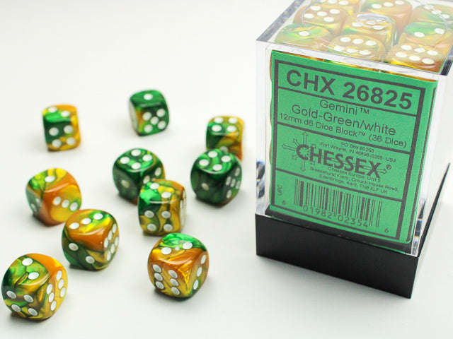 Chessex: Gemini 36D6 Gold-Green/White 12mm