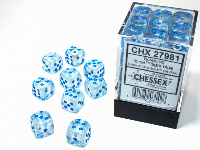 Chessex: Borealis 36D6 Glaçon/Bleu clair 12 mm Luminaire