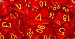 SET OF 7 DICE: TRANSLUCENT RED W/GOLD