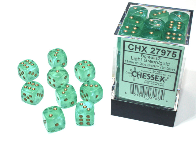 Chessex: Borealis 36D6 Light Green/Gold 12mm Luminary